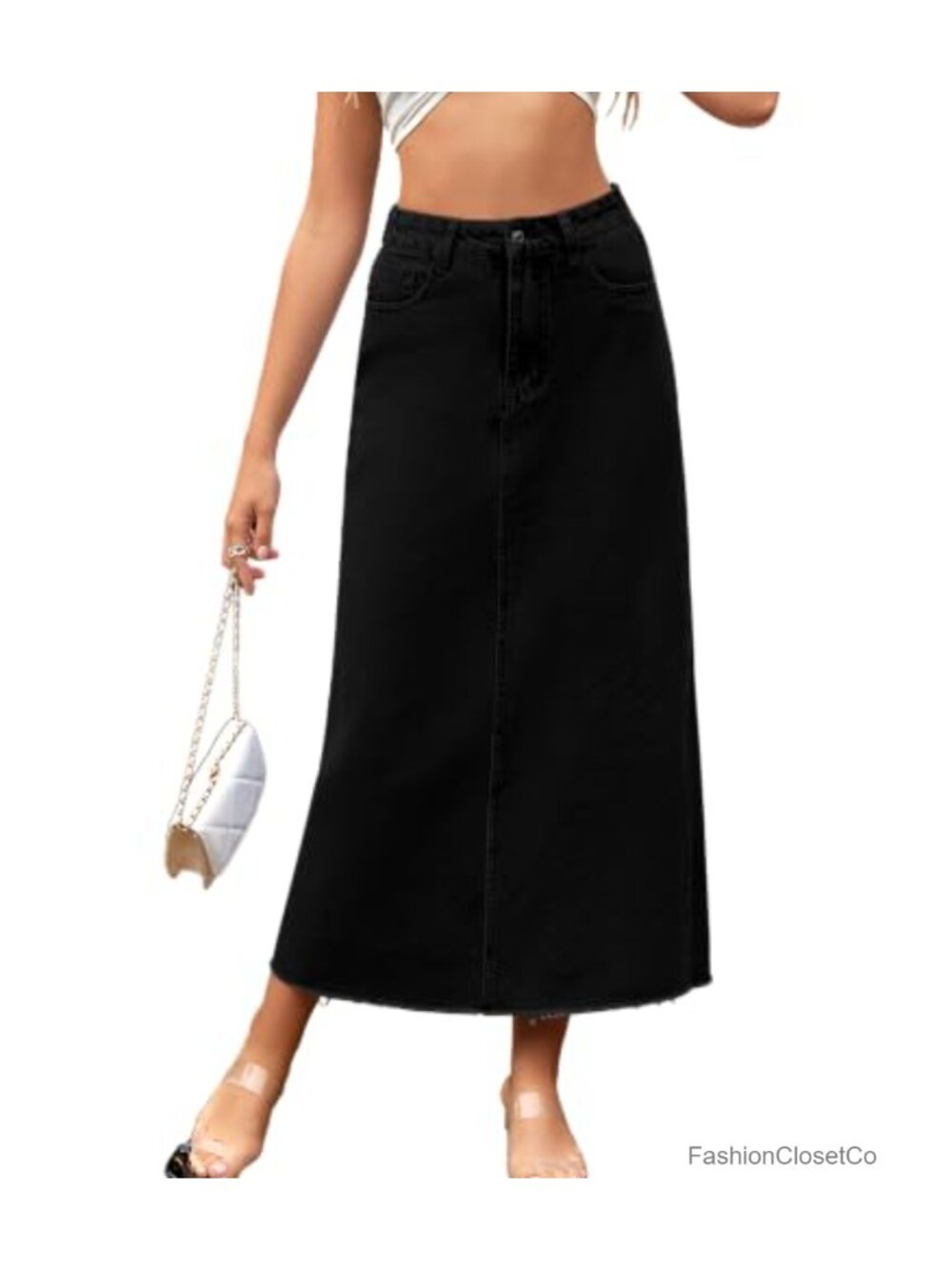 High Waisted A-Line Raw Hem Denim Midi Skirt Stretch Frayed with Pockets